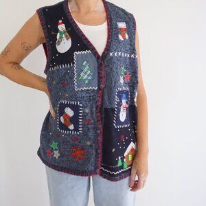 Vintage Reference Point Blue Knit Snowman Tree Stocking House Holiday Vest 1X